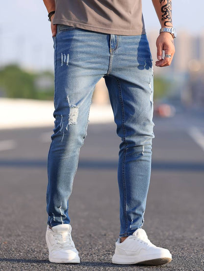 Jeans - Herren Zerrissen Dehnen chlank Passform Jeans-Lebendiges Blau-XS-Chaps Herrenmode