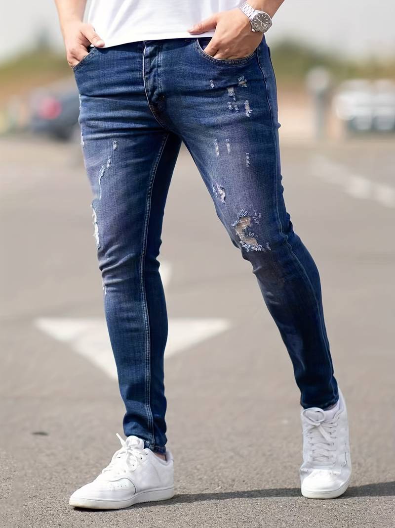 Jeans - Herren Zerrissen Dehnen chlank Passform Jeans-Marineblau-XS-Chaps Herrenmode