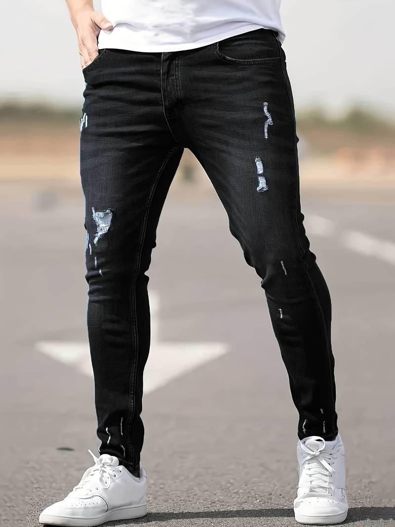 Jeans - Herren Zerrissen Dehnen chlank Passform Jeans-Schwarz-XS-Chaps Herrenmode