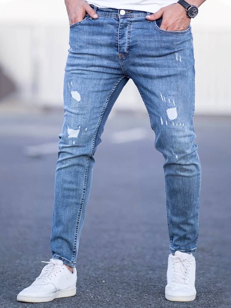 Jeans - Herren Zerrissen Dehnen chlank Passform Jeans-Tiefes Himmelblau-XS-Chaps Herrenmode