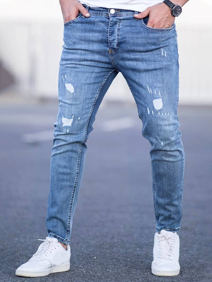 Jeans - Herren Zerrissen Dehnen chlank Passform Jeans-Tiefes Himmelblau-XS-Chaps Herrenmode
