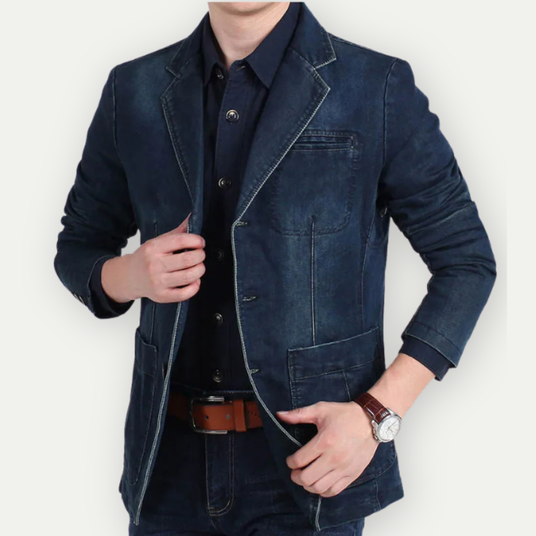 Jeansblazer – schmale Passform – mit Knöpfen – Blazerjacke – Herrenblazer-Dunkelblau-M-Chaps Herrenmode