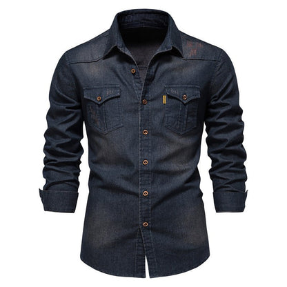 Jeanshemd | Langarm | Schmaler Schnitt | Hemd mit Knöpfen | Herrenhemd-Marineblau-S-Chaps Herrenmode