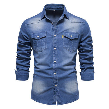 Jeanshemd | Langarm | Schmaler Schnitt | Hemd mit Knöpfen | Herrenhemd-Mittelblau-S-Chaps Herrenmode