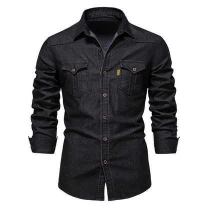 Jeanshemd | Langarm | Schmaler Schnitt | Hemd mit Knöpfen | Herrenhemd-Schwarz-S-Chaps Herrenmode