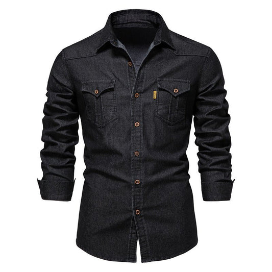 Jeanshemd | Langarm | Schmaler Schnitt | Hemd mit Knöpfen | Herrenhemd-Schwarz-S-Chaps Herrenmode