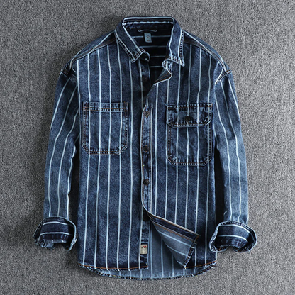 Jeanshemd – gestreift – Langarm – geknöpft – Herrenbekleidung-Dunkelblau-S-Chaps Herrenmode