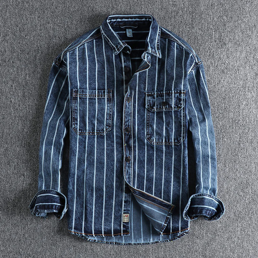 Jeanshemd – gestreift – Langarm – geknöpft – Herrenbekleidung-Dunkelblau-S-Chaps Herrenmode