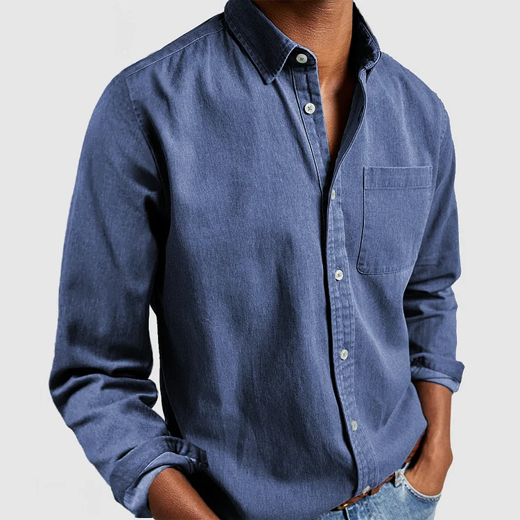 Jeansjacke – lässig – Langarm – Hemd mit Knöpfen – Herrenhemden-Blau-S-Chaps Herrenmode