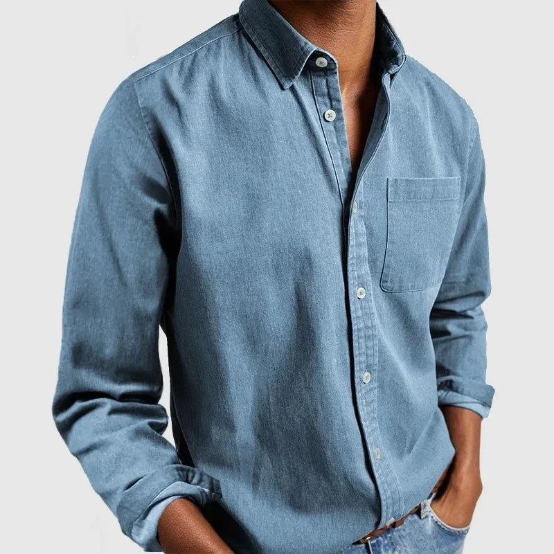 Jeansjacke – lässig – Langarm – Hemd mit Knöpfen – Herrenhemden-Himmelblau-S-Chaps Herrenmode