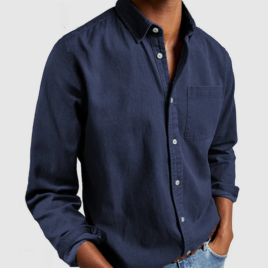 Jeansjacke – lässig – Langarm – Hemd mit Knöpfen – Herrenhemden-Marineblau-S-Chaps Herrenmode