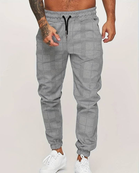 Jogger | Elastische Taille | Kordelzug | Karierte Hose | Herrenhose-Grau-M-Chaps Herrenmode