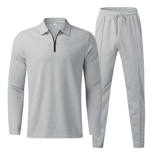 Jogginganzug für Männer – Langarm-Polo – Elastischer Bund – Zweiteiliges Set – Trainingsanzüge für Männer-Grau-S-Chaps Herrenmode