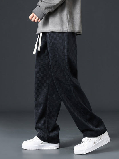 Jogginghosen mit weitem Bein | Elastischer Bund | Karomuster | Locker sitzende Hose | Jogginghosen für Herren-Schwarz-S-Chaps Herrenmode