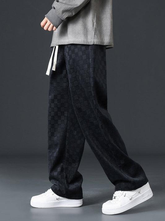 Jogginghosen mit weitem Bein | Elastischer Bund | Karomuster | Locker sitzende Hose | Jogginghosen für Herren-Schwarz-S-Chaps Herrenmode