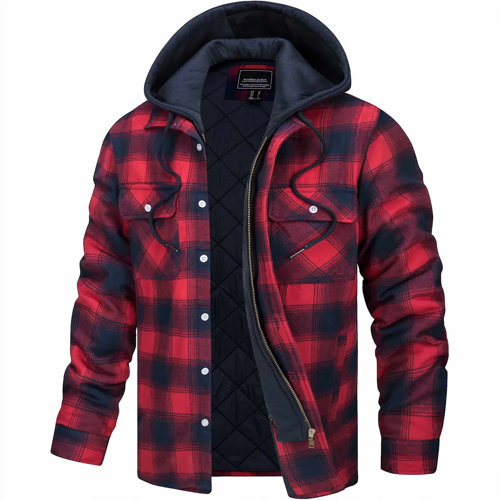 Kapuzenjacke - Kariert - Gestepptes Innenfutter - Zip-Up Hoodie - Herrenjacke-Rot-S-Chaps Herrenmode