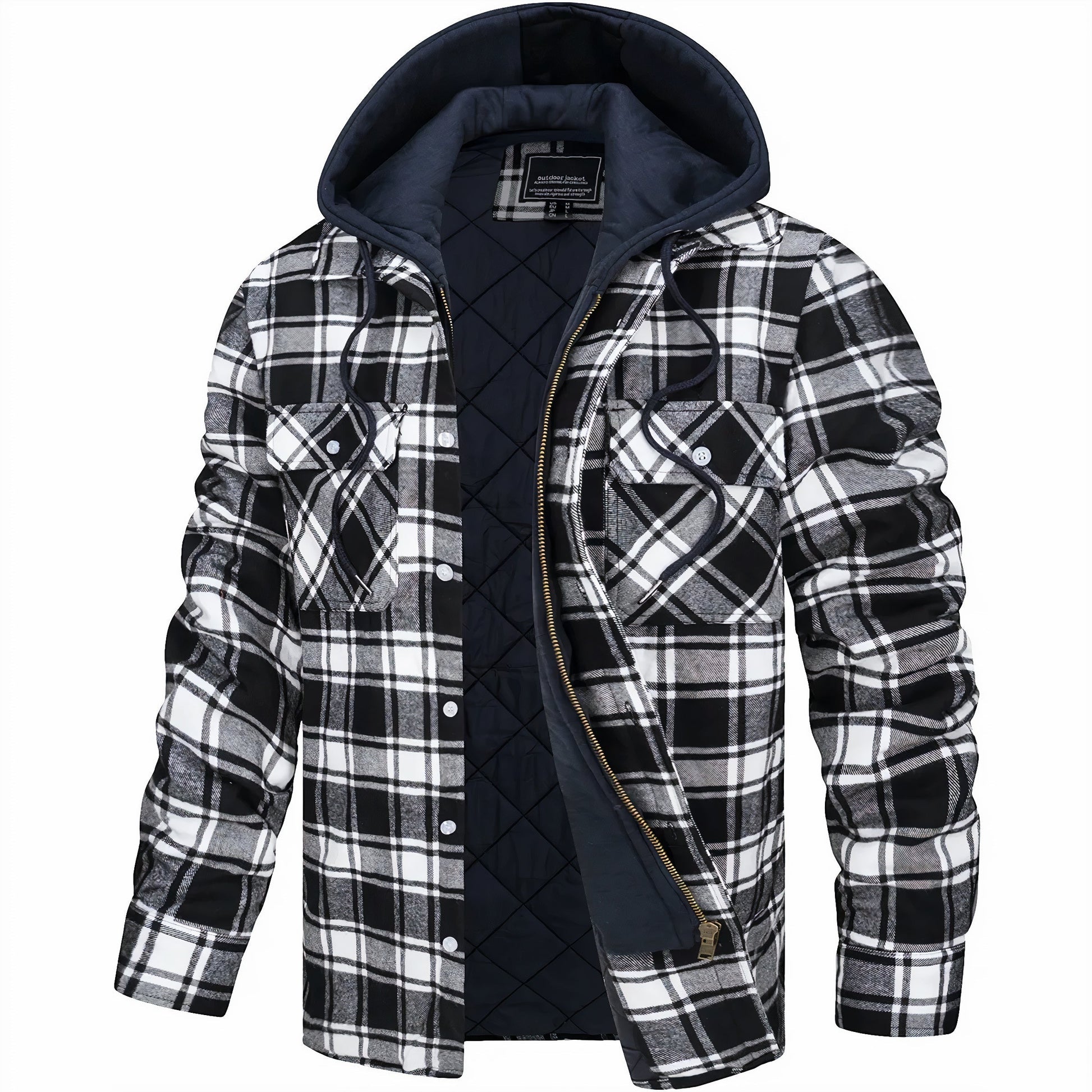 Kapuzenjacke - Kariert - Gestepptes Innenfutter - Zip-Up Hoodie - Herrenjacke-Schwarz-S-Chaps Herrenmode