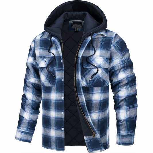 Kapuzenjacke - Kariert - Gestepptes Innenfutter - Zip-Up Hoodie - Herrenjacke-Weiß-Blau-S-Chaps Herrenmode