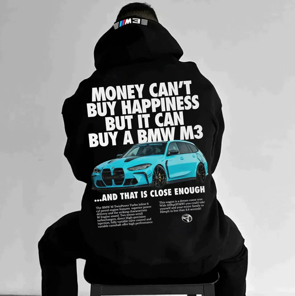 Kapuzenpullover | Auto-Print | Warm | Oversized-Kapuzenpullover | Herrenbekleidung-Money Can't Buy Happiness but it Can buy BMW M3 Schwarzer Hoodie-S-Chaps Herrenmode