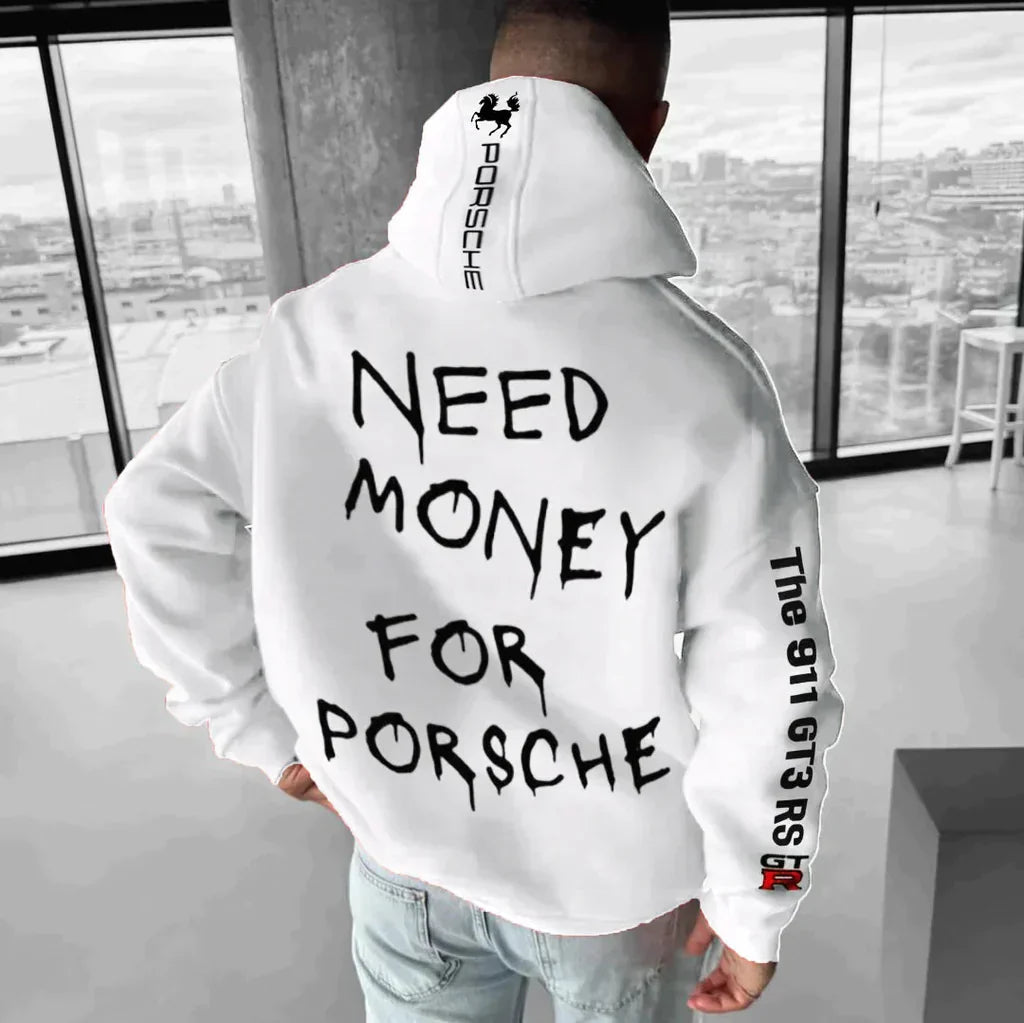 Kapuzenpullover | Auto-Print | Warm | Oversized-Kapuzenpullover | Herrenbekleidung-Need Money for Porsche Weißer Hoodie-S-Chaps Herrenmode