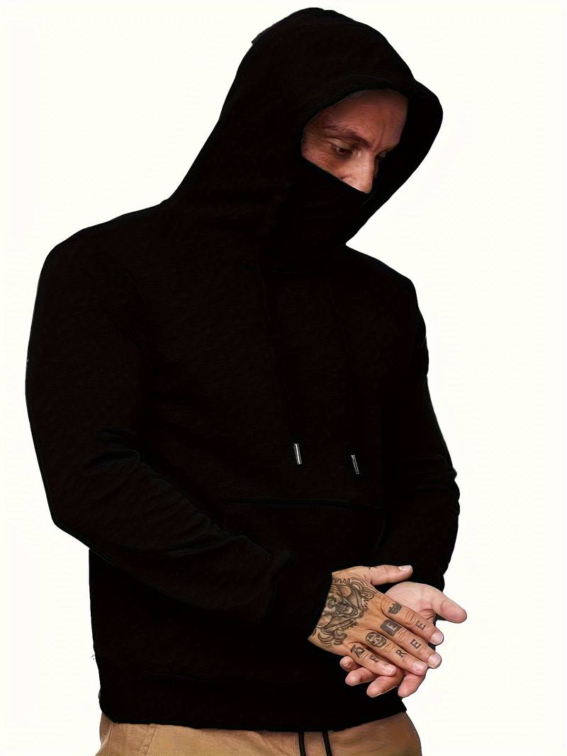Kapuzenpullover mit Gesichtsmaske | Normale Passform | Tasche | Pullover-Kapuzenpullover | Herren-Kapuzenpullover-Schwarz-S-Chaps Herrenmode