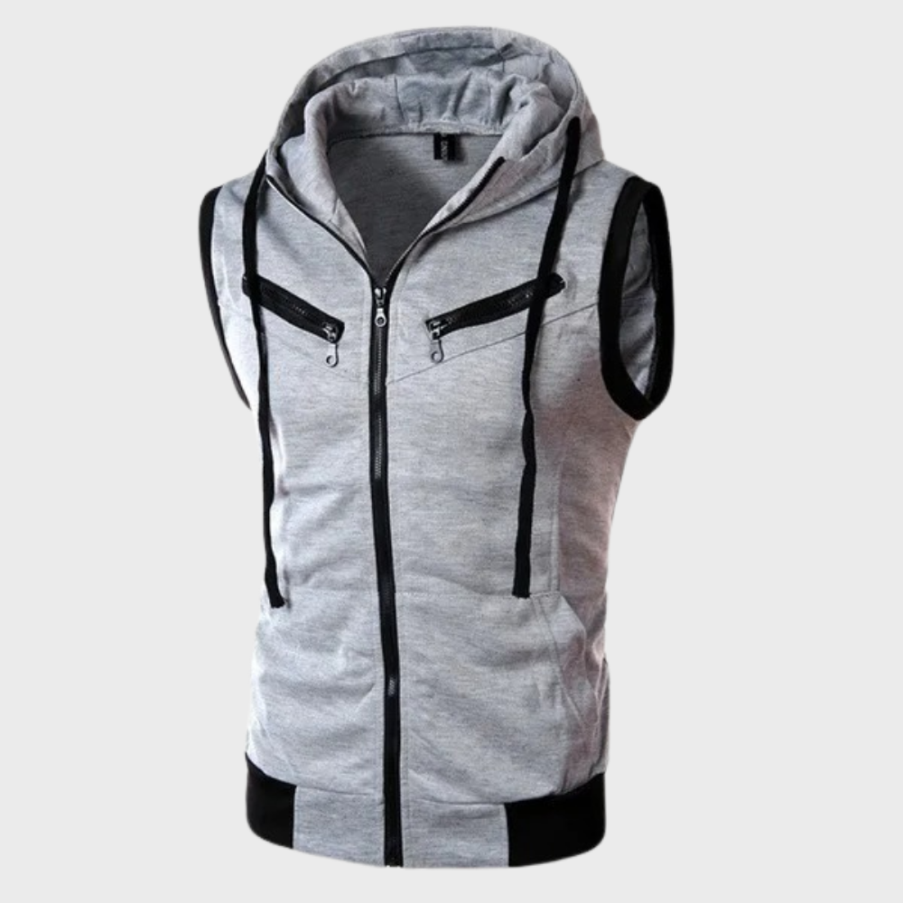 Kapuzenweste - Zip-Up - Kordelzug - Ärmelloser Hoodie - Herrenweste-Gris Clair-S-Chaps Herrenmode