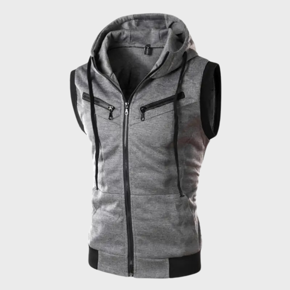 Kapuzenweste - Zip-Up - Kordelzug - Ärmelloser Hoodie - Herrenweste-Gris Foncé-S-Chaps Herrenmode