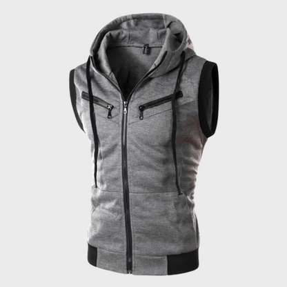Kapuzenweste - Zip-Up - Kordelzug - Ärmelloser Hoodie - Herrenweste-Gris Foncé-S-Chaps Herrenmode
