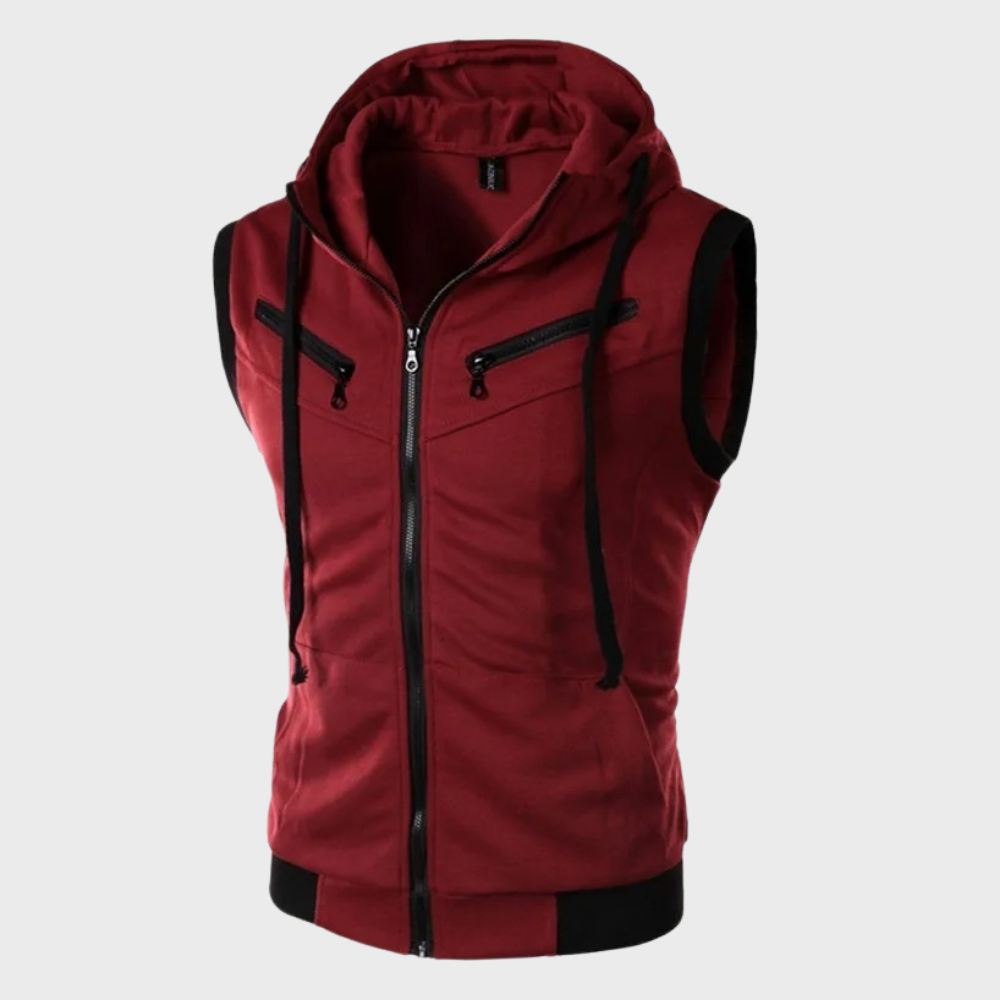 Kapuzenweste - Zip-Up - Kordelzug - Ärmelloser Hoodie - Herrenweste-Rouge Vin-S-Chaps Herrenmode