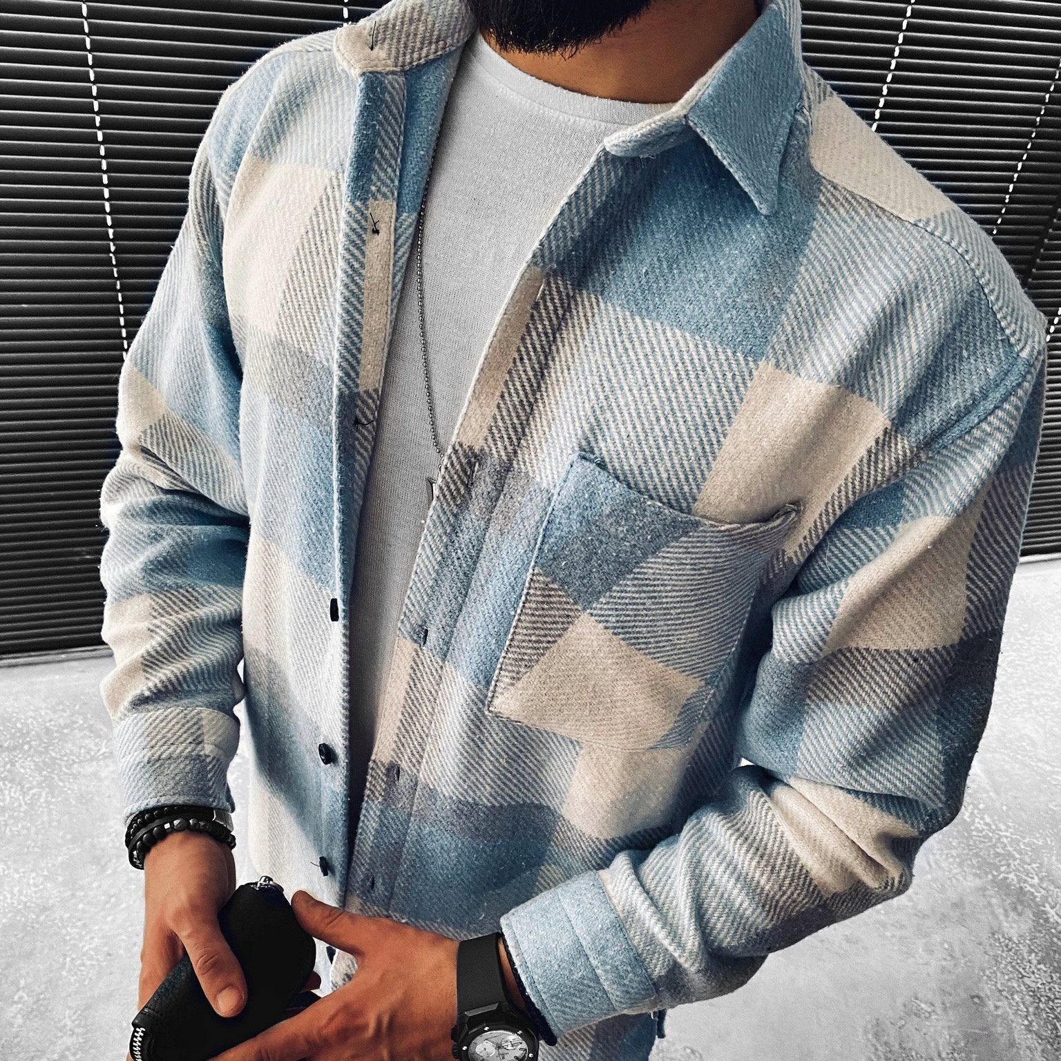 Kariertes Hemd - Hellblau - Button-Up - Überhemd - Herrenhemd-XS-Chaps Herrenmode