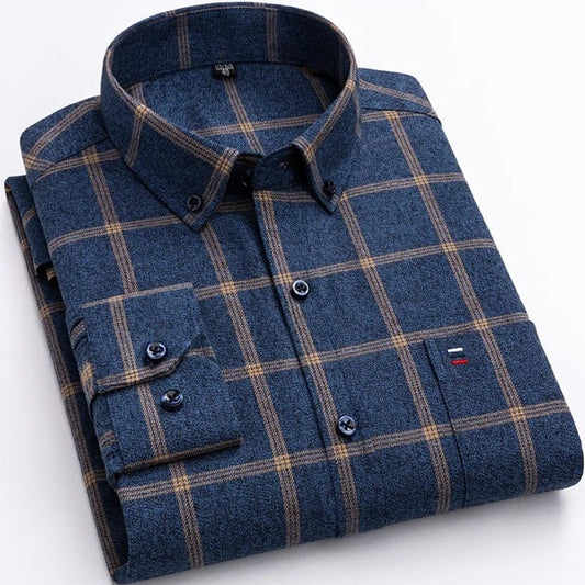 Karohemd | Langarm | Kragen | Hemd mit Knöpfen | Herrenhemden-Marineblau-S-Chaps Herrenmode