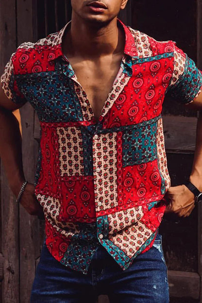 Knopfleiste Hemd - Kurzarm - Bedruckt - Sommerhemd - Herrenhemd-Rot-S-Chaps Herrenmode