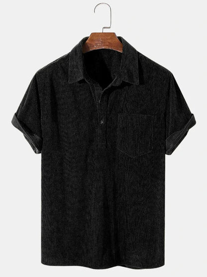 Kordhemd – Kurzarm – Lockere Passform – Polohemd – Herrenhemden-Schwarz-S-Chaps Herrenmode