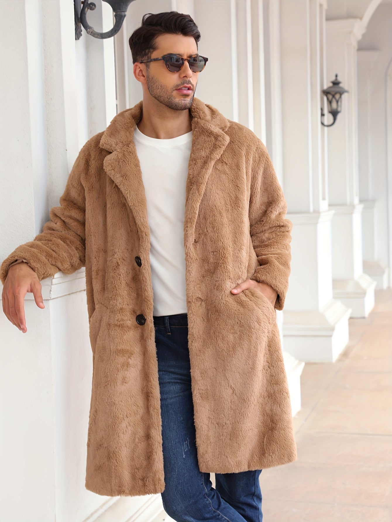 Kunstpelzmantel - Flauschiger mittellanger Kunstpelz-Wintermantel für Männer-Beige-S-Chaps Herrenmode