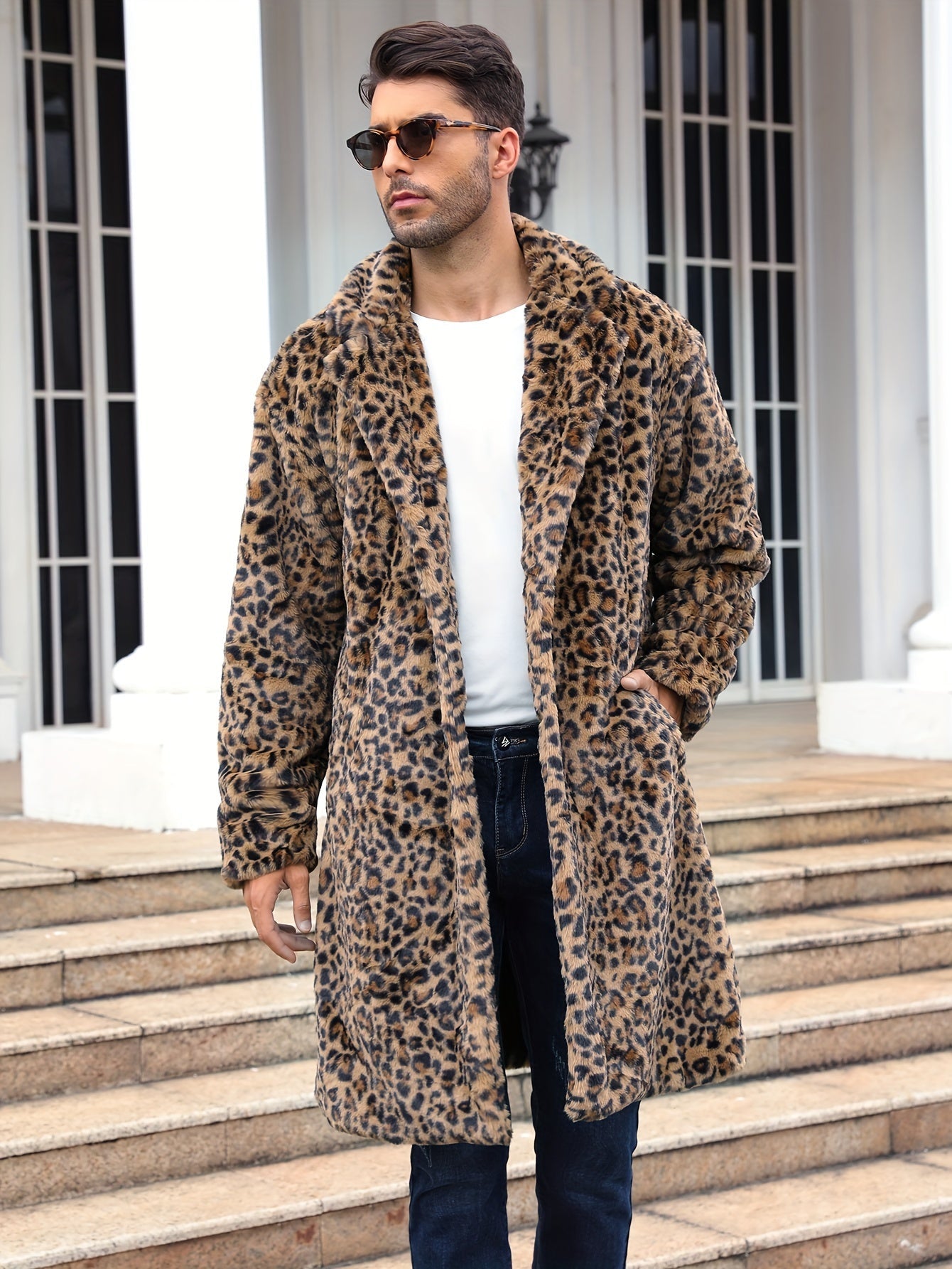 Kunstpelzmantel - Flauschiger mittellanger Kunstpelz-Wintermantel für Männer-Panther Druck-S-Chaps Herrenmode