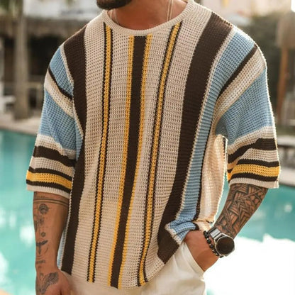 Kurzarm-Pullover | Lockere Passform | Gestreift | Sommerpullover | Herrenbekleidung-Beige-S-Chaps Herrenmode