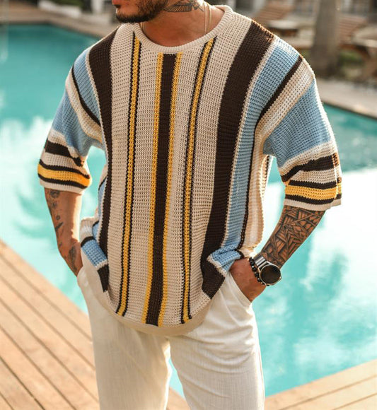 Kurzarm-Pullover | Lockere Passform | Gestreift | Sommerpullover | Herrenbekleidung-Chaps Herrenmode
