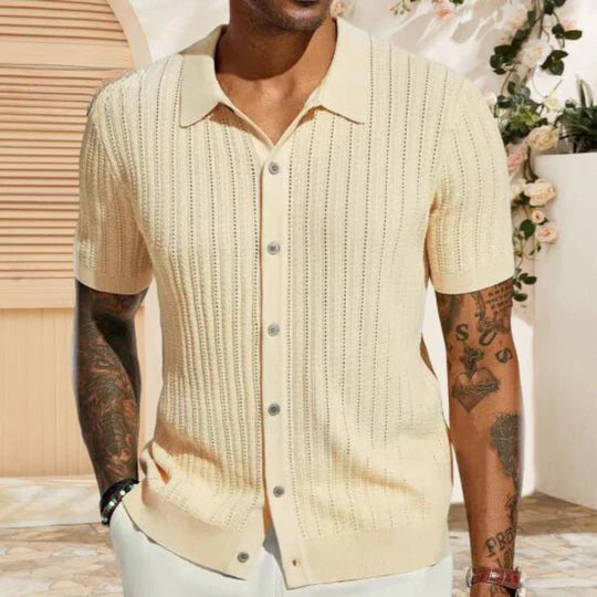 Kurzarm-Pullover - Umlegekragen - Gestrickt - Button-Up Shirt - Herrenhemd-Gelb-S-Chaps Herrenmode