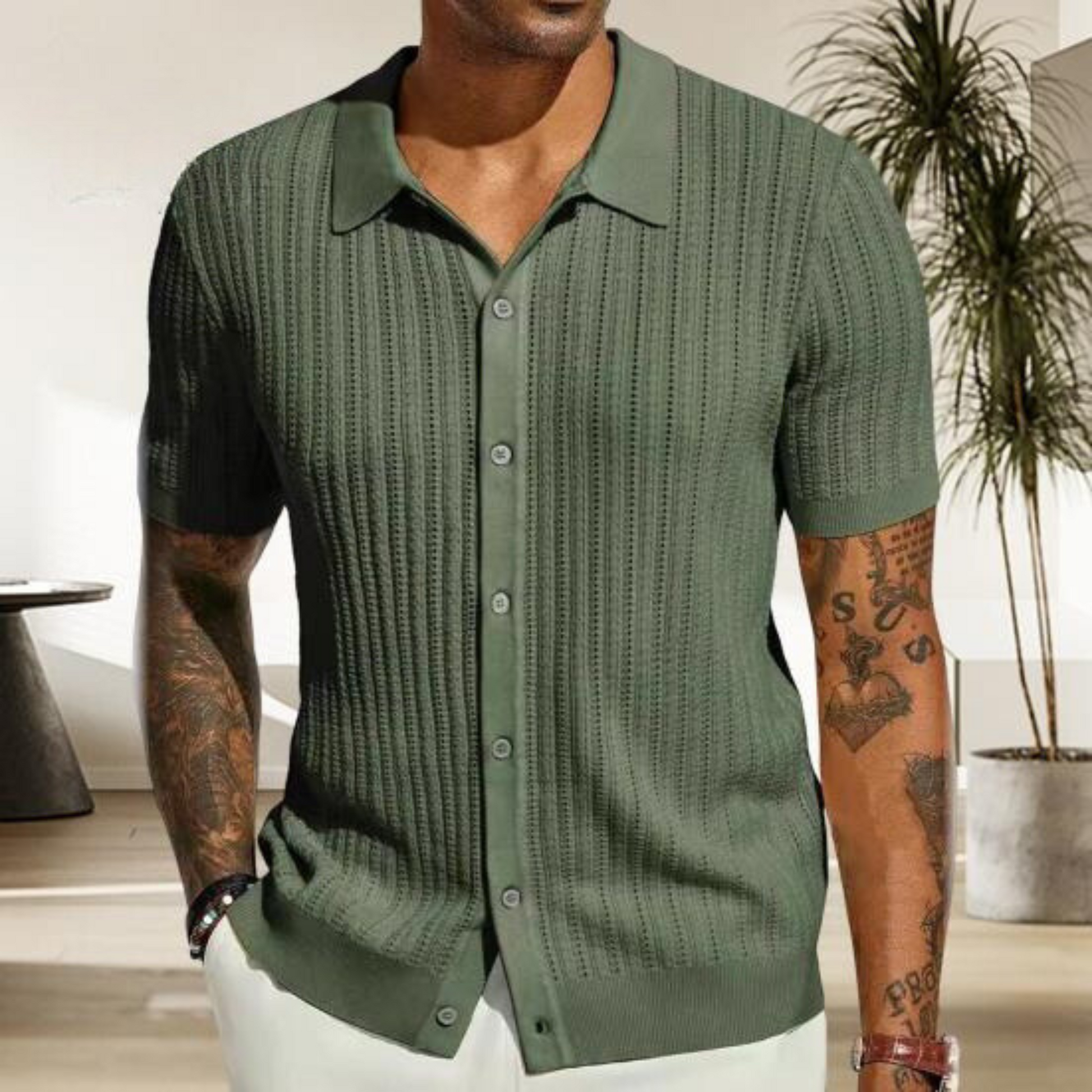 Kurzarm-Pullover - Umlegekragen - Gestrickt - Button-Up Shirt - Herrenhemd-Grün-S-Chaps Herrenmode