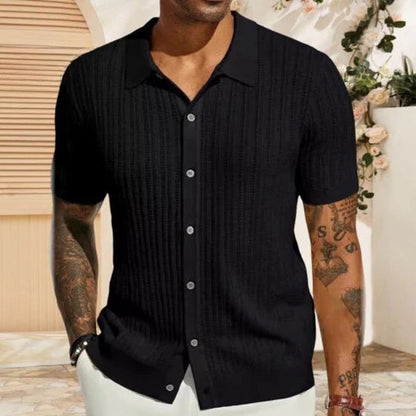 Kurzarm-Pullover - Umlegekragen - Gestrickt - Button-Up Shirt - Herrenhemd-Schwarz-S-Chaps Herrenmode