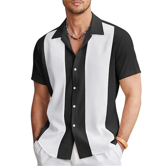 Kurzarmhemd | Gestreift | Button-Up | Sommerhemd | Herrenhemden-Schwarz & Weiß-M-Chaps Herrenmode
