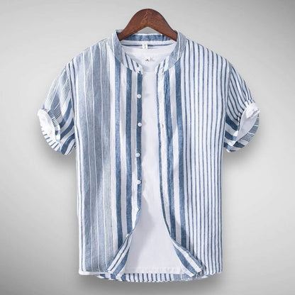 Kurzarmhemd | Gestreift | Leinen | Hemd mit Knöpfen | Herrenhemden-Blau-XS-Chaps Herrenmode