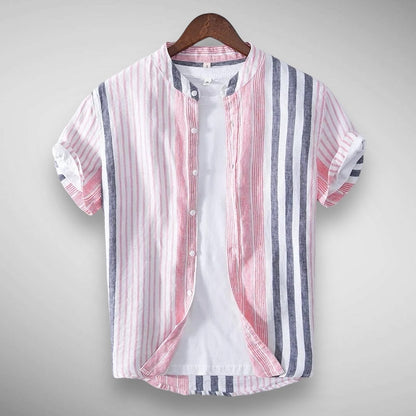 Kurzarmhemd | Gestreift | Leinen | Hemd mit Knöpfen | Herrenhemden-Rosa-XS-Chaps Herrenmode