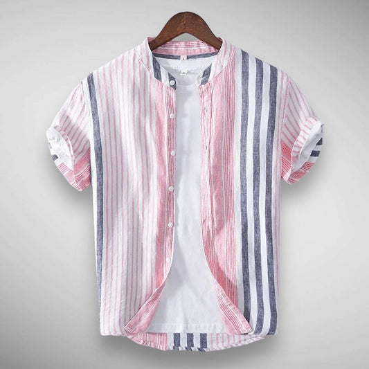 Kurzarmhemd | Gestreift | Leinen | Hemd mit Knöpfen | Herrenhemden-Rosa-XS-Chaps Herrenmode