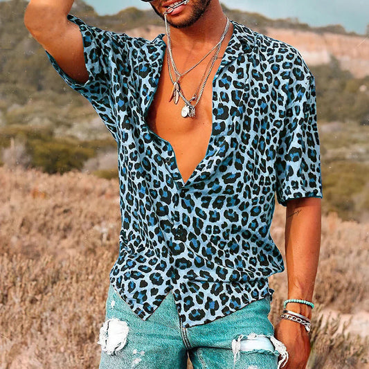 Kurzarmhemd - Herren Leopard Print Button-Up Sommerhemd-Blau-S-Chaps Herrenmode