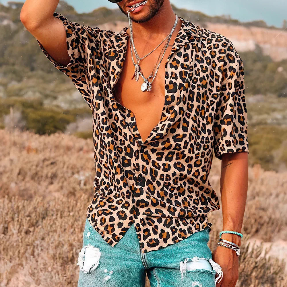 Kurzarmhemd - Herren Leopard Print Button-Up Sommerhemd-Braun-S-Chaps Herrenmode