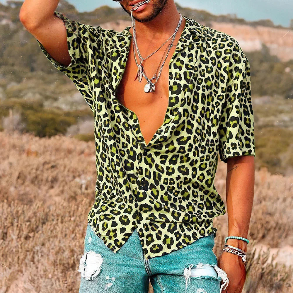 Kurzarmhemd - Herren Leopard Print Button-Up Sommerhemd-Grün-S-Chaps Herrenmode