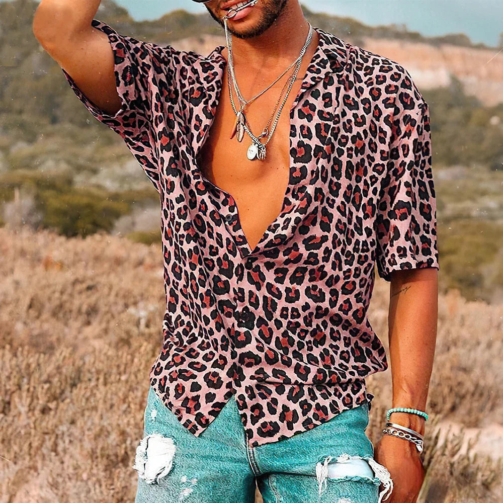 Kurzarmhemd - Herren Leopard Print Button-Up Sommerhemd-Rosa-S-Chaps Herrenmode