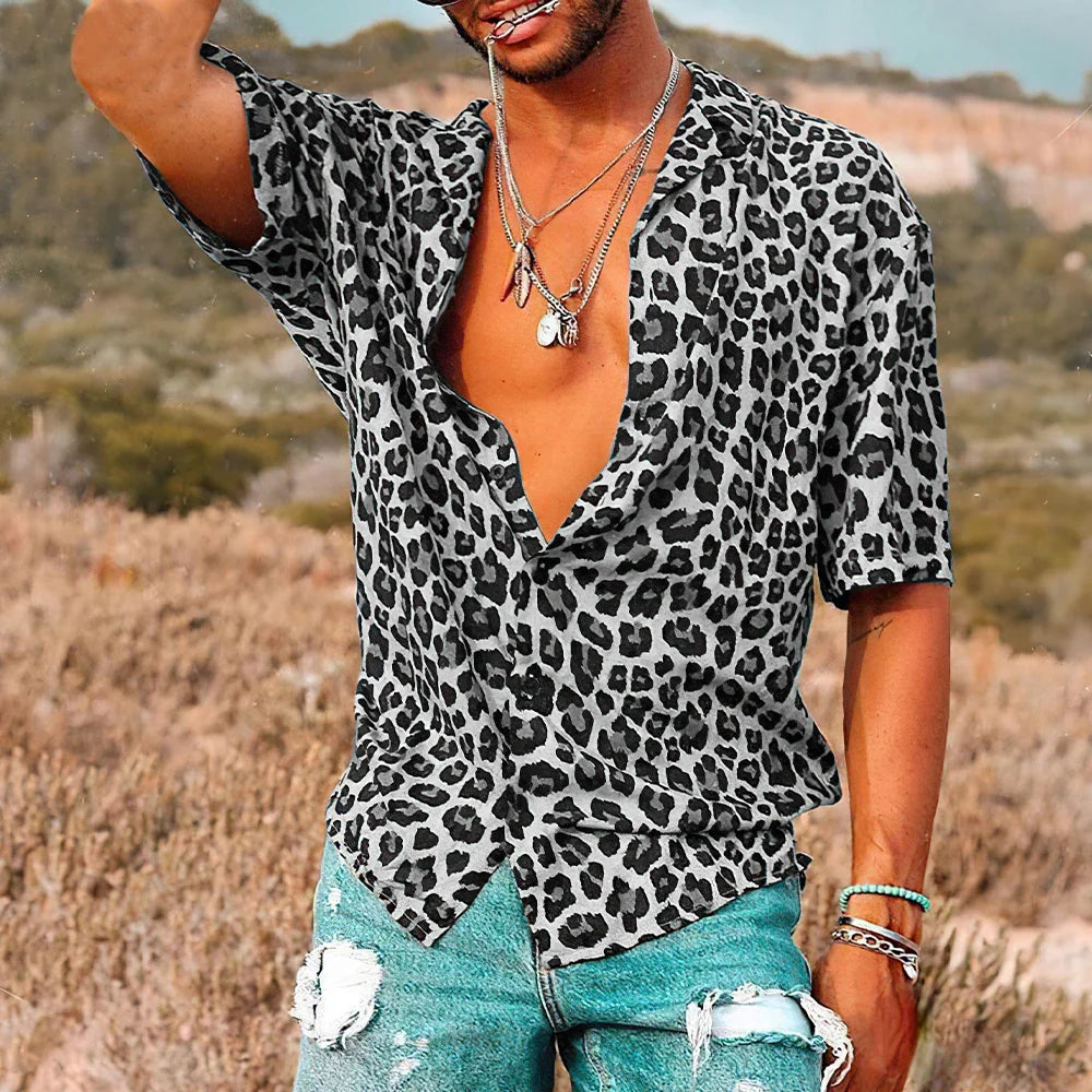 Kurzarmhemd - Herren Leopard Print Button-Up Sommerhemd-Schwarz-S-Chaps Herrenmode