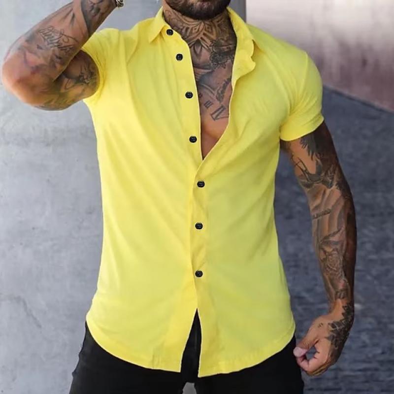 Kurzarmhemd – Slim-Fit-Herrenhemd mit Kragen und Knopfleiste-Gelb-S-Chaps Herrenmode